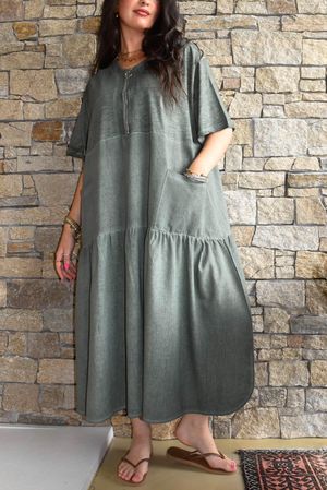 Rustic Nature Linen Blend Smock T Shirt Dress Washed Moss